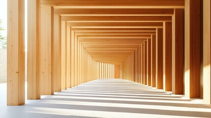 Fototapeta premium Sunlight illuminates a long, curved wooden corridor with parallel columns and beams.
