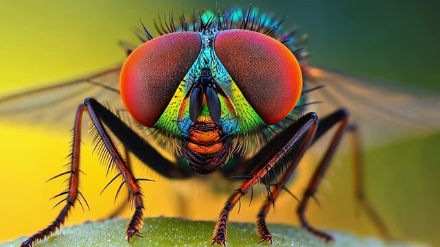 A colorful fly with vibrant eyes and intricate details rests on a leaf under natural light in this close view