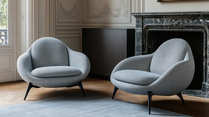 Modern armchairs in elegant living room with fireplace