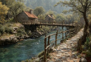 Fototapeta premium Sepia Tone Cabin by the Creek with a Wooden Bridge and Stone Path