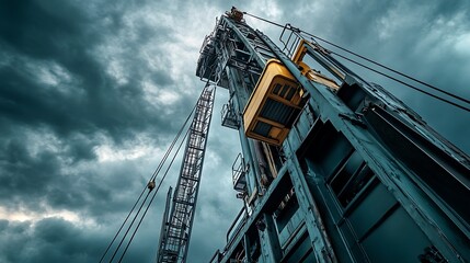 Towering Crane Structure Against Dark Dramatic Sky Looking Upward