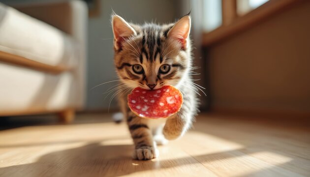 Tabby kitten carries salami in mouth, walking on wooden floor in home. Playful cat stealing food with curious look. Cute pet indoor, adorable domestic animal closeup. Furry mischievous hunter carries