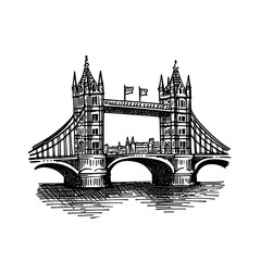 Obraz premium Classic engraving of Tower Bridge showcasing intricate vintage design elements in hand-drawn style