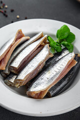 Sardines salted fish delicious gourmet food background on the table rustic food top view copy space vegetarian food pescetarian diet