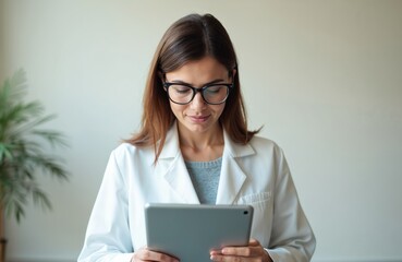 Female doctor holds digital tablet. Physician in white coat consults patients online. Telemedicine, e-health, distant treatment. Woman therapist conducts video call, uses device to provide medical