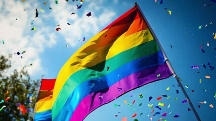 A rainbow flag flutters against a blue sky as confetti falls during a vibrant celebration of unity and diversity in a public space