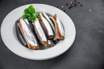 Sardines salted fish delicious gourmet food background on the table rustic food top view copy space vegetarian food pescetarian diet