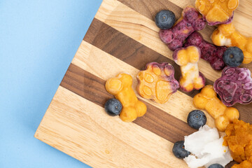 Frozen dog treats made with colorful blueberries, pumpkin, yogurt, and coconut oil, in a unique wooden bowl, healthy organic pet snack.