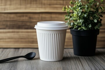 Coffee cup with white lid on a wooden surface alongside a black spoon and potted plant.Vertical mockup
