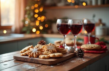 Fototapeta premium Holiday season in cozy kitchen interior. Christmas cookies, glasses of red wine on wooden board. Festive decoration with lights, pine cones create warm atmosphere. Winter holiday celebration with