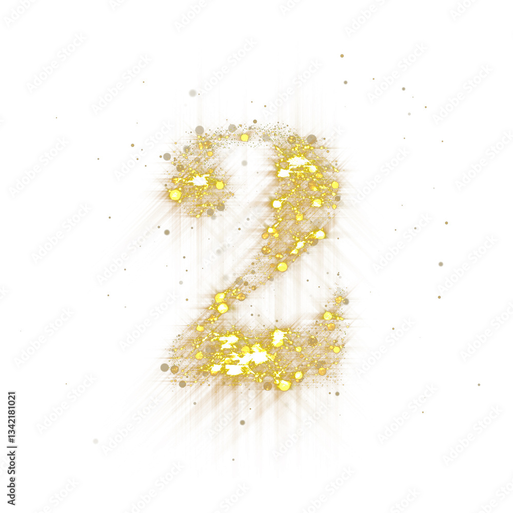 Poster Golden glitter number 2. Number two of shimmering sequins and glow sparkles on transparent background. PNG
