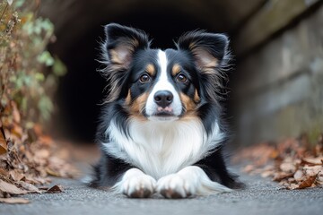 Cute dog resting outside a dark tunnel