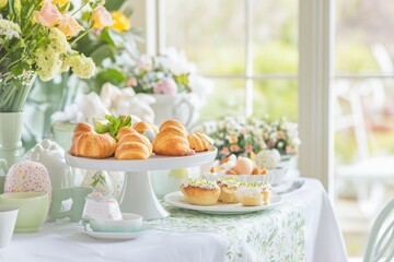 Obraz premium Bright, airy breakfast scene featuring croissants, flowers, and