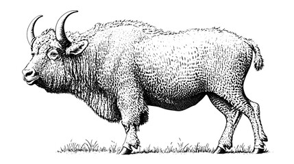 Elegant engraved illustration of a majestic bison standing in a grassy field, showcasing intricate textures and vintage design elements