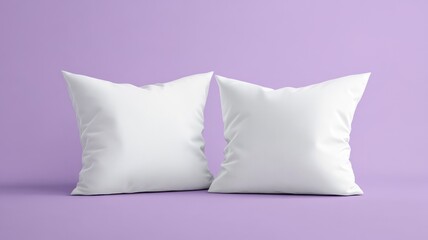 Two premium quality square white pillows cushion front view mockup isolated on purple background