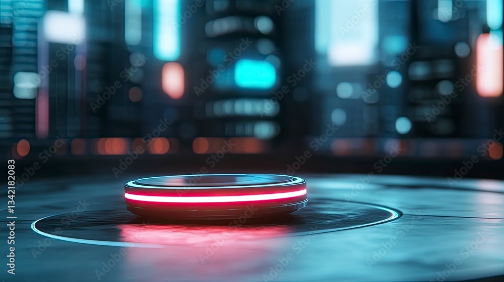 Poster futuristic city skyline backdrop with illuminated circular platform, perfect for product display or 
