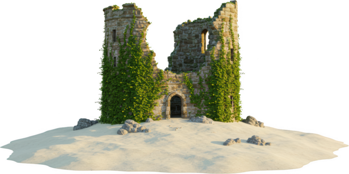 Ancient Stone Ruins Overgrown with Ivy on Sandy Beach A 3D Render of Historic Castle Remnants