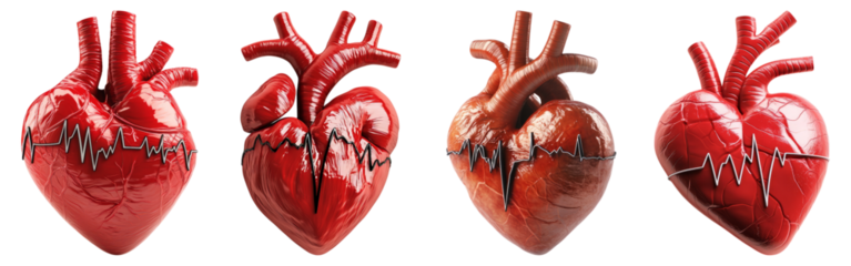 Realistic Human Heart Models with Heartbeat Visualization and Detail, Isolated on Transparent Background