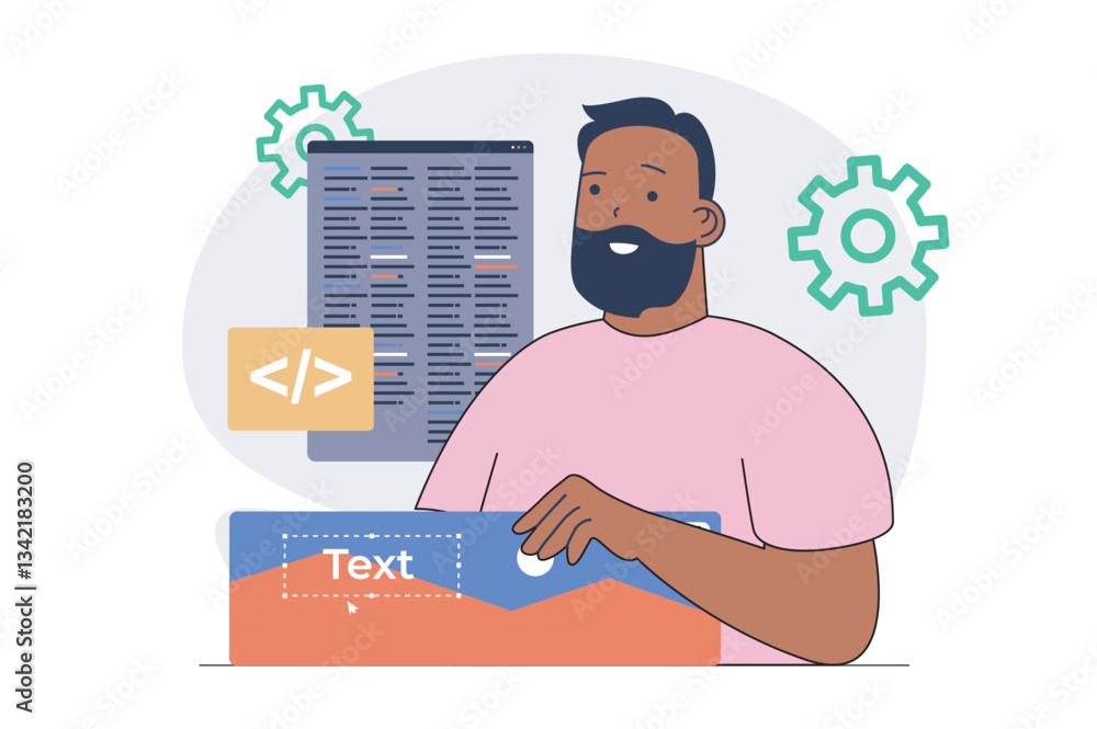 Aufkleber App development concept with cartoon people in flat design for web. Man programming and creating responsive layouts and webpage gui, working with code and content placement. Vector illustration.