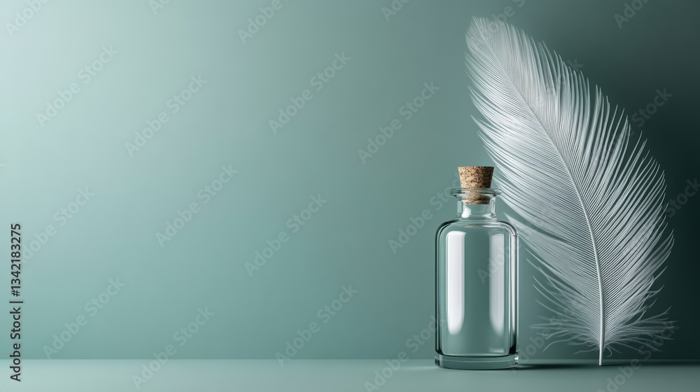 Poster whispers of serenity captured in a turquoise setting with a feather and bottle generative ai