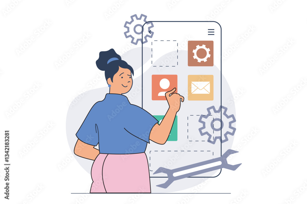 Fototapete App development concept with cartoon people in flat design for web. Woman programming and creating responsive layout, working with applications button placement at interface. Vector illustration.