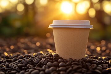 Compostable coffee cup rests on roasted coffee beans in a natural setting during golden hour