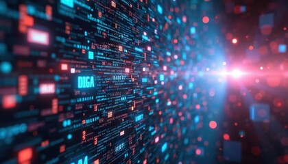 Obraz premium Dynamic tech chaos of media streaming with digital content. Visualization of entertainment platform, motion picture, telecom service. Cyberspace concept of data, access, array, abundance, interactive