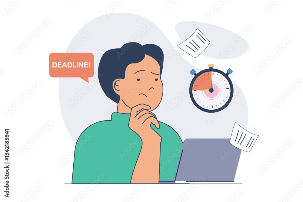 Poster deadline concept with cartoon people in flat design for web. man doing urgency schedule tasks at lap