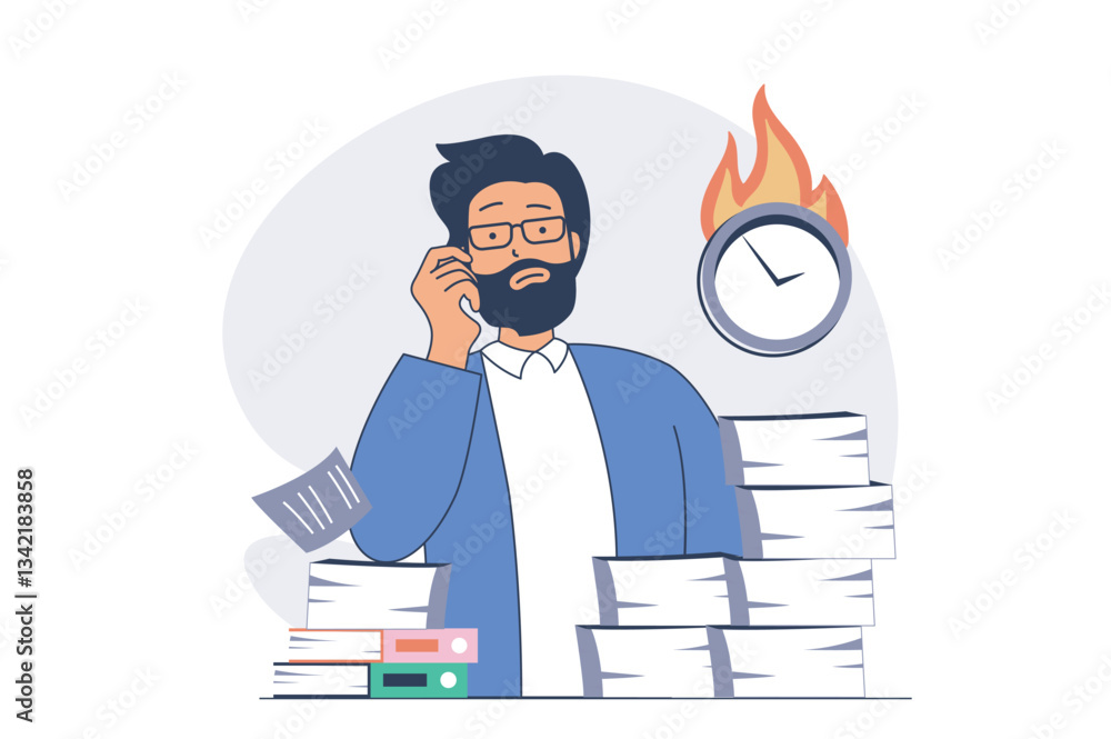 Poster deadline concept with cartoon people in flat design for web. man doing urgency tasks and paperwork w