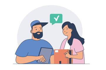 Delivery service concept with cartoon people in flat design for web. Courier shipping package order to woman. Fast parcel shipment to client home. Logistic postal business. Vector illustration.