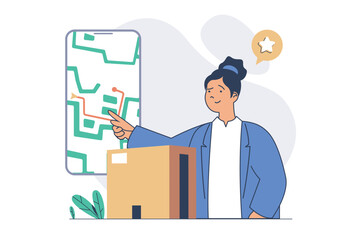 Delivery service concept with cartoon people in flat design for web. Woman receiving parcel to home address, tracking courier route with online map in mobile postal application. Vector illustration.