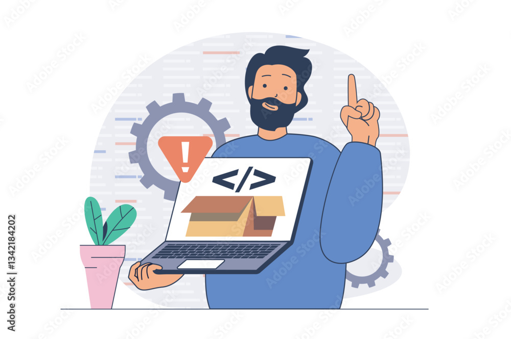 Aufkleber Development concept with cartoon people in flat design for web. Man getting warning message from security system, finding virus or bugs in program, programming and coding apps. Vector illustration.