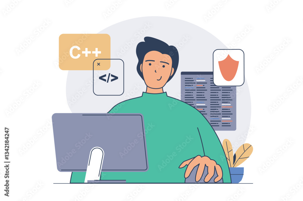 Poster Development concept with cartoon people in flat design for web. Man developer programming and coding apps, using firewall and security programs, doing work tasks at workplace. Vector illustration.