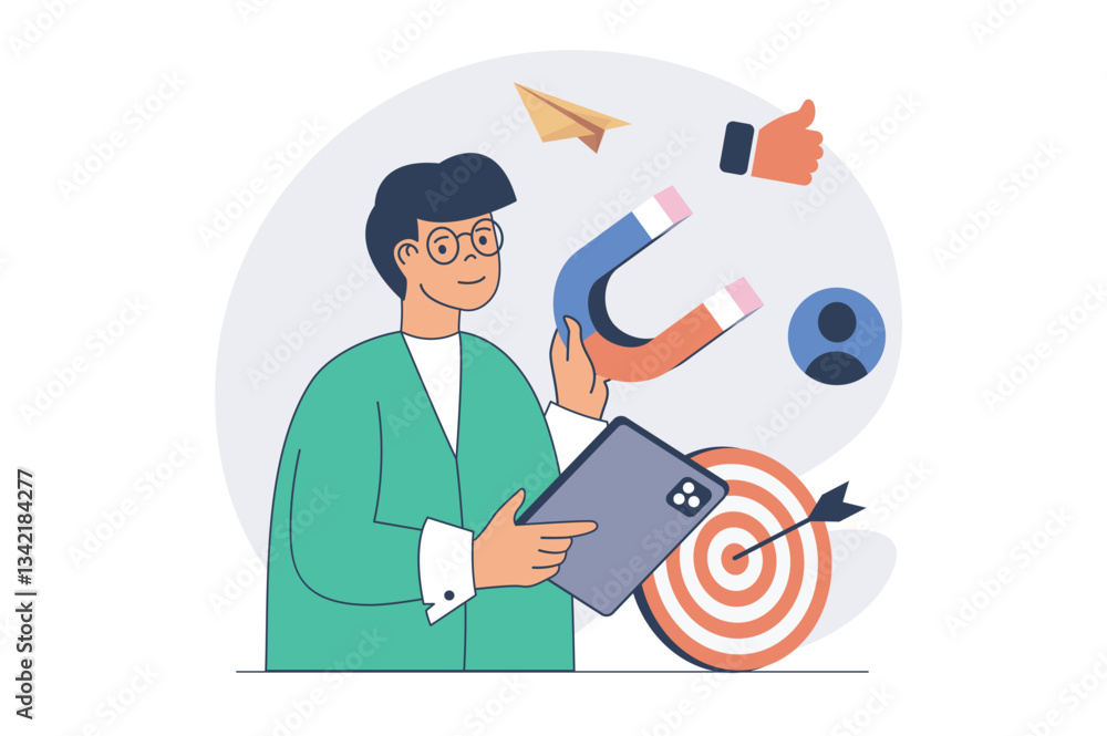 Poster Digital marketing concept with cartoon people in flat design for web. Man with magnet attracting clients, sending emails with promo, creating advertising for target audience. Vector illustration.