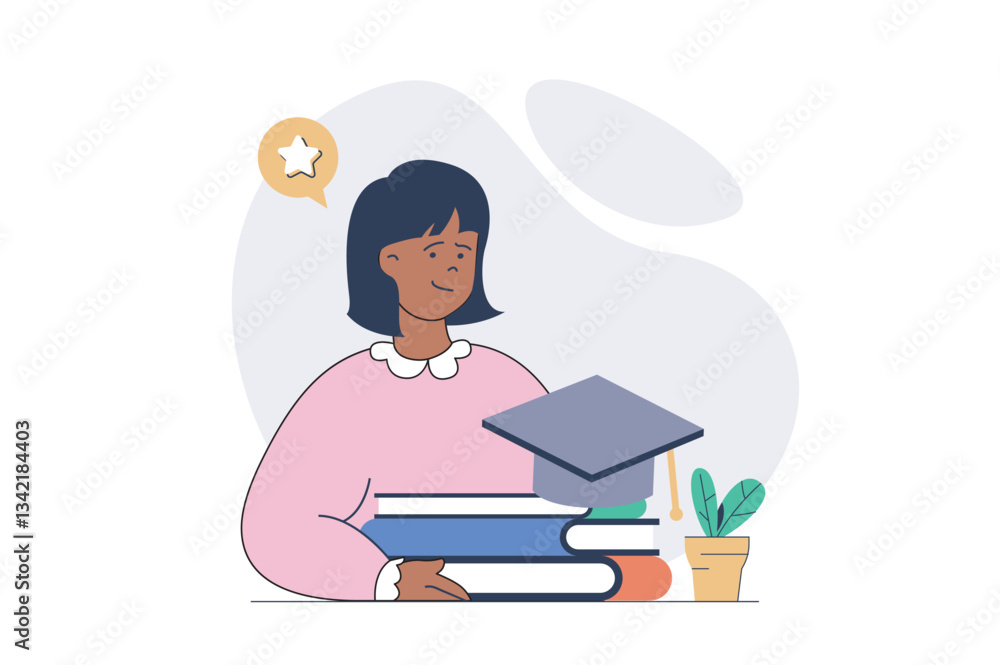 Poster Education concept with cartoon people in flat design for web. Student reading textbooks and books, gaining cognitions and skills, learning at university and getting graduation. Vector illustration.
