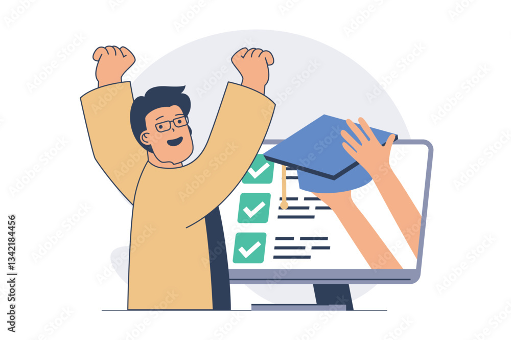 Poster education concept with cartoon people in flat design for web. student learning lessons with online c