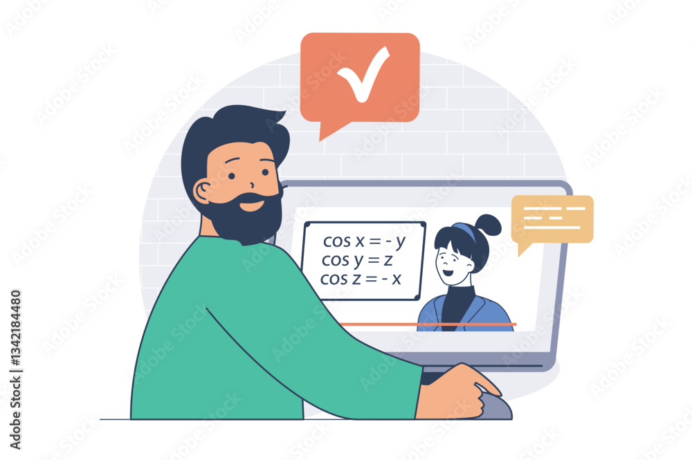 Aufkleber Education concept with cartoon people in flat design for web. Student watching video tutorials, learning lessons with online courses, studying and doing homework at computer. Vector illustration.