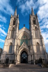 Fototapeta premium A majestic church facade featuring tall spires and intricate architectural details set against a blue sky, Ideal for backgrounds, travel articles, or religious-themed content,