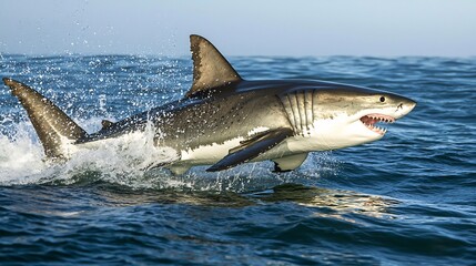 Fototapeta premium Great white shark breaching the ocean surface its jaws wide open in a powerful display of natures raw energy