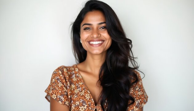 Confident Indian woman portrait smiling against white background. Pretty brunette lady with floral pattern dress. Authentic positive emotion, real people concept, lifestyle theme, face expression.