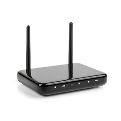 Fototapeta premium modern back color wi-fi router with dual antennas and ethernet ports, isolated on white background, side view