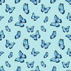 Blue morpho butterflies fly. Seamless pattern. Summer watercolor background. Texture for fabric, wrapping, wallpaper. Decorative print.