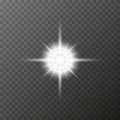 Vector illustration of a white glowing star with lens flare effect. Design element to use as an overlay, effect or composition element. On a transparent background. EPS10 format.