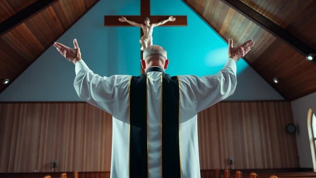 priest offers prayer within the serene church setting with crucifix evoking faith and spirituality