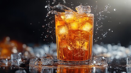 A 3D render of iced tea pouring into a glass with ice cubes and splash effect, realistic and refreshing