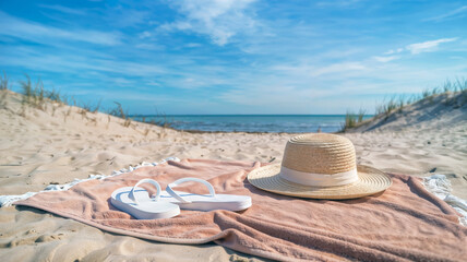 Obraz premium Relaxing Vacation Scene with Straw Hat Flip Flops on Towel at Sandy Beach