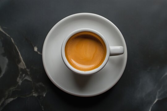 Espresso cup on beans. Overhead shot ideal for website hero image or food blog header