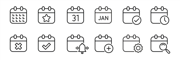 set of calendar thin line icon. containing deadline, season, schedule, reminder, agenda, planning management icon collections. vector illustration