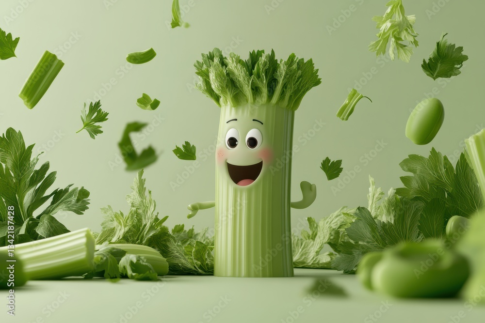 Poster cheerful celery stalk smiles joyfully in a playful green environment generative ai
