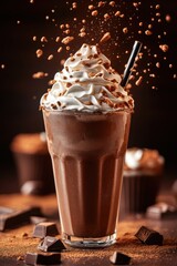 Chocolate milkshake with whipped cream, pouring and splash, rich and creamy texture, 3D render, clipping path